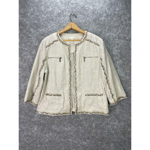 Chico's Jacket Womens 2 Large Beige Linen Open Front Snakeskin Trim Zip Pockets